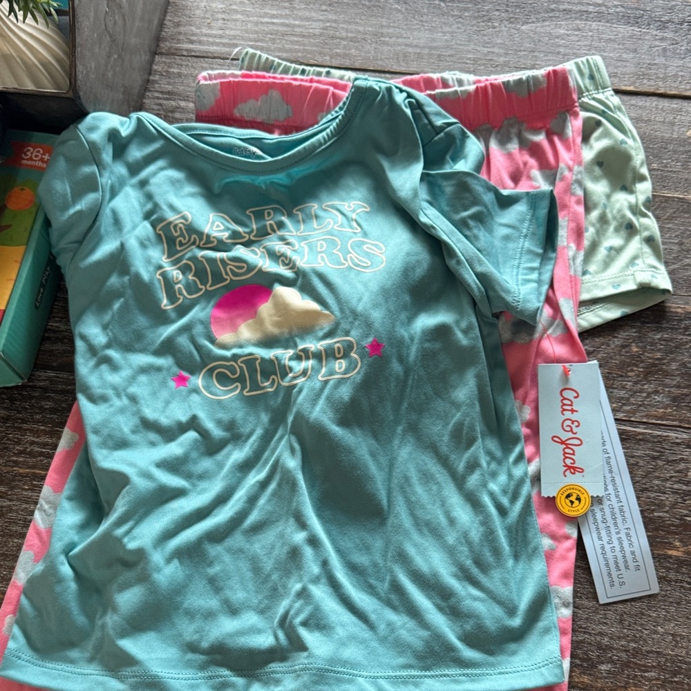 Cat & Jack Teal and Pink Early Risers Club Pajama Set
